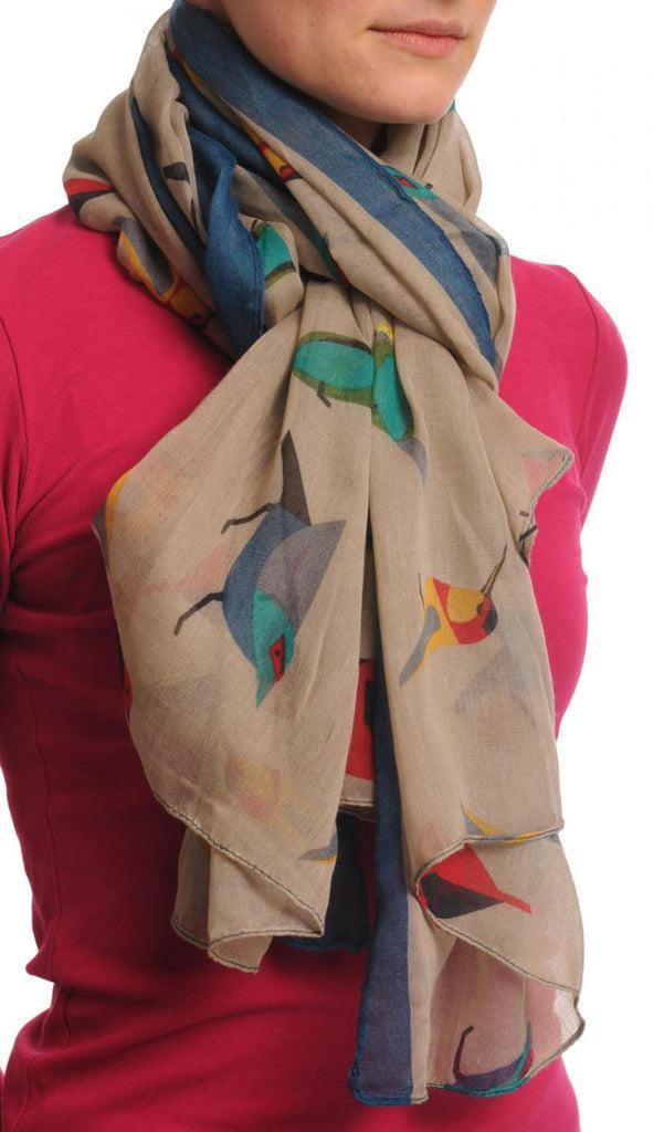 Liss Kiss Colourful Birds On Grey With Navy Blue Edge Unisex Scarf & Beach Sarong - Scarf