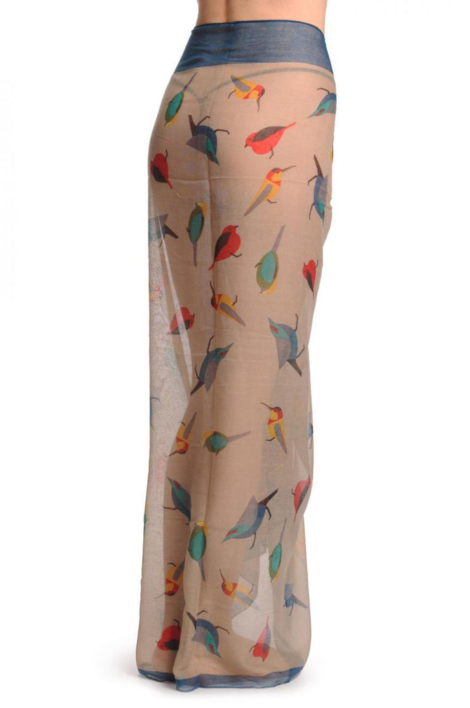 Liss Kiss Colourful Birds On Grey With Navy Blue Edge Unisex Scarf & Beach Sarong - Scarf