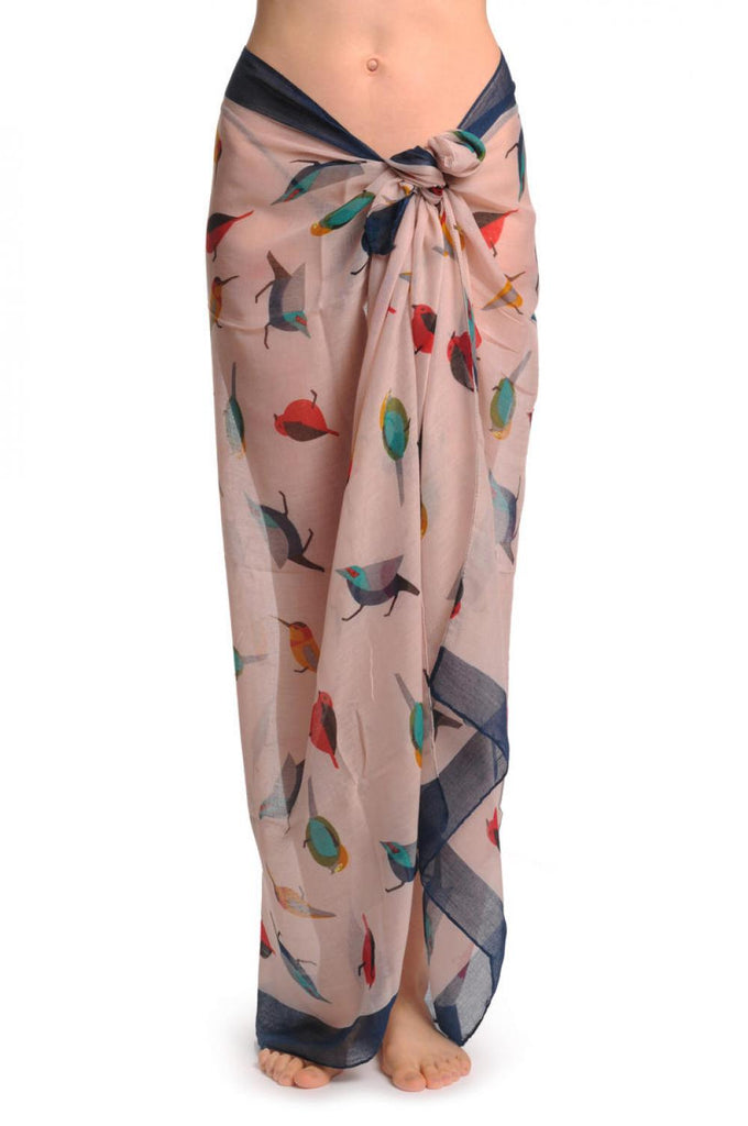 Liss Kiss Colourful Birds On Light Pink With Blue Edge Unisex Scarf & Beach Sarong - Scarf