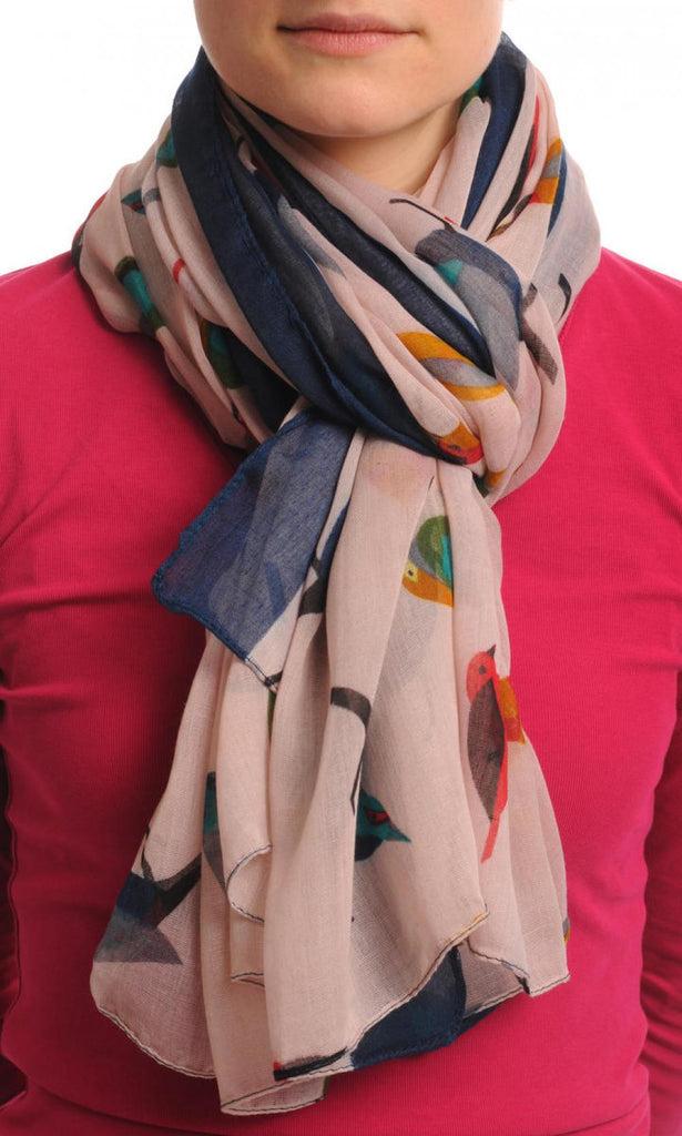 Liss Kiss Colourful Birds On Light Pink With Blue Edge Unisex Scarf & Beach Sarong - Scarf