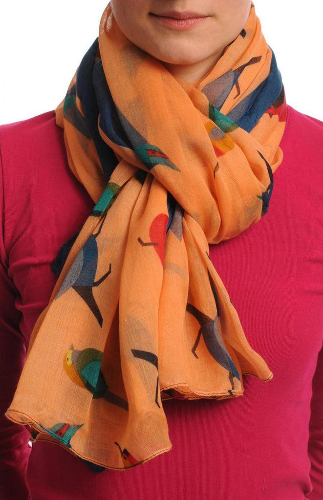 Liss Kiss Colourful Birds On Peach With Navy Blue Edge Unisex Scarf & Beach Sarong - Scarf