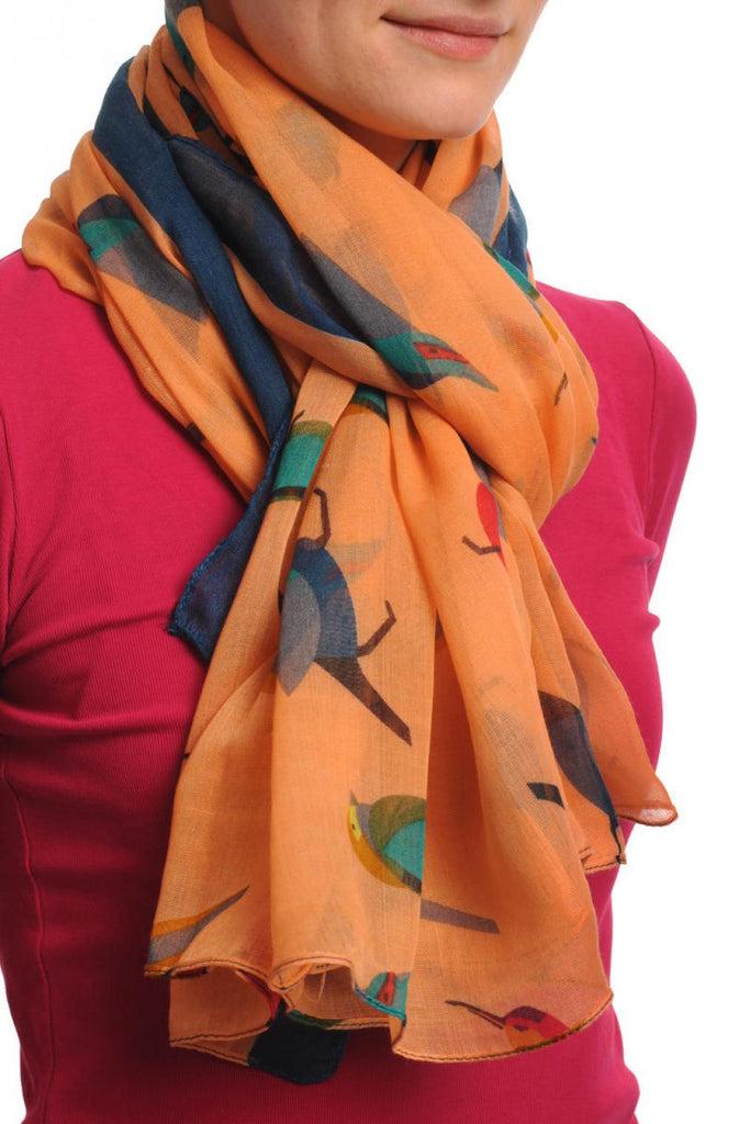 Liss Kiss Colourful Birds On Peach With Navy Blue Edge Unisex Scarf & Beach Sarong - Scarf