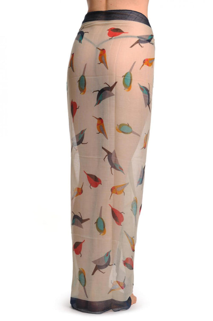 Liss Kiss Colourful Birds On Sand White With Blue Edge Unisex Scarf & Beach Sarong - Scarf