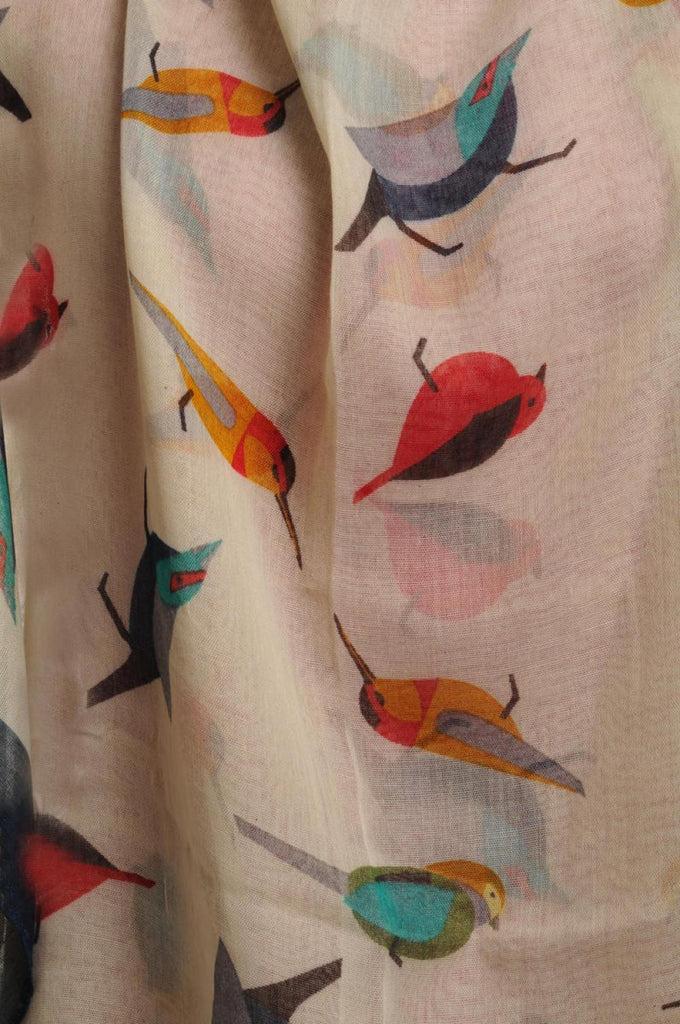 Liss Kiss Colourful Birds On Sand White With Blue Edge Unisex Scarf & Beach Sarong - Scarf