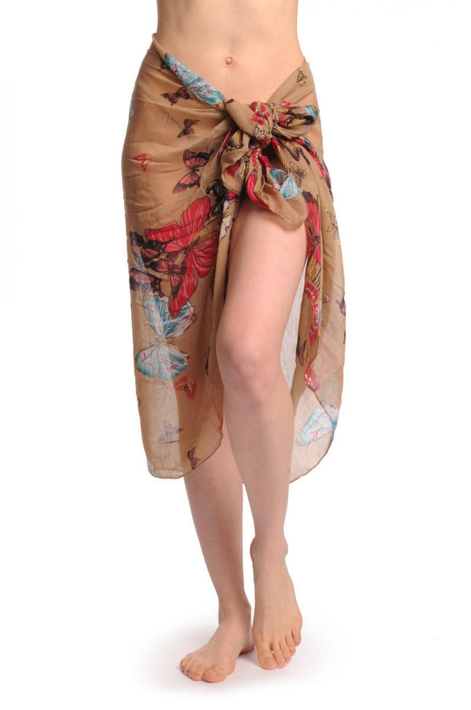 Liss Kiss Colourful Butterflies On Dark Mocha Unisex Scarf & Beach Sarong - Scarf