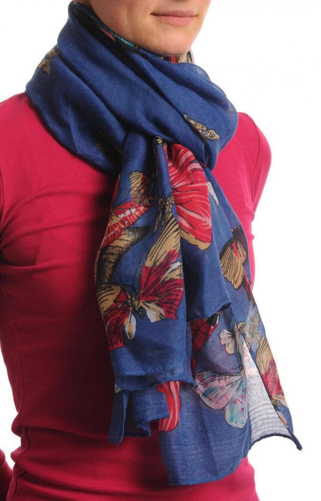Liss Kiss Colourful Butterflies On Navy Blue Unisex Scarf & Beach Sarong - Scarf