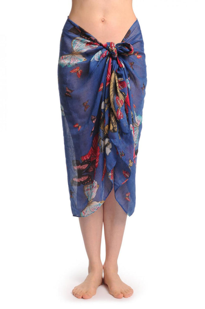 Liss Kiss Colourful Butterflies On Navy Blue Unisex Scarf & Beach Sarong - Scarf