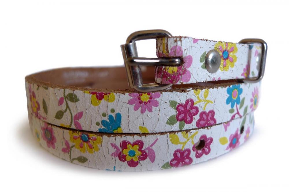 Liss Kiss Colourful Daisies On White Real Leather Rustic Look Women Belt - Belt