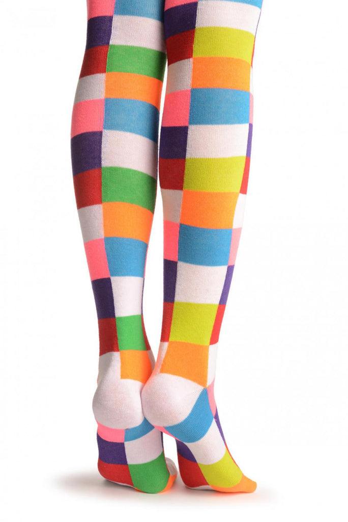 Liss Kiss Colourful Neon Palette Squares On White - Over The Knee Socks