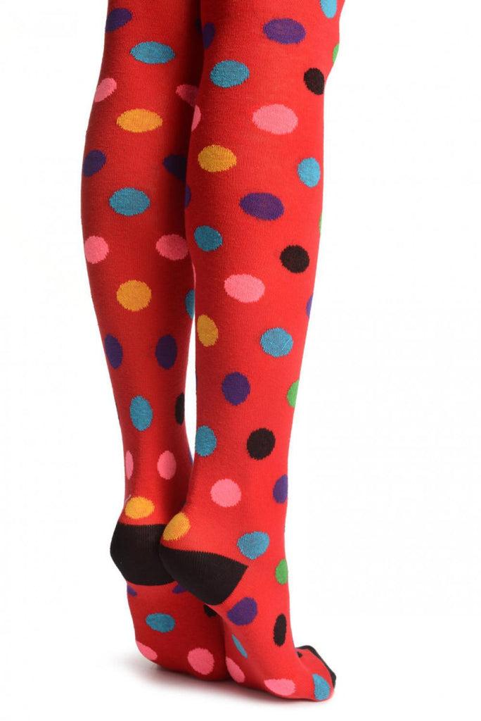 Liss Kiss Colourful Polka Dot On Red - Over The Knee Socks