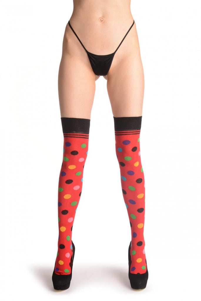Liss Kiss Colourful Polka Dot On Red - Over The Knee Socks