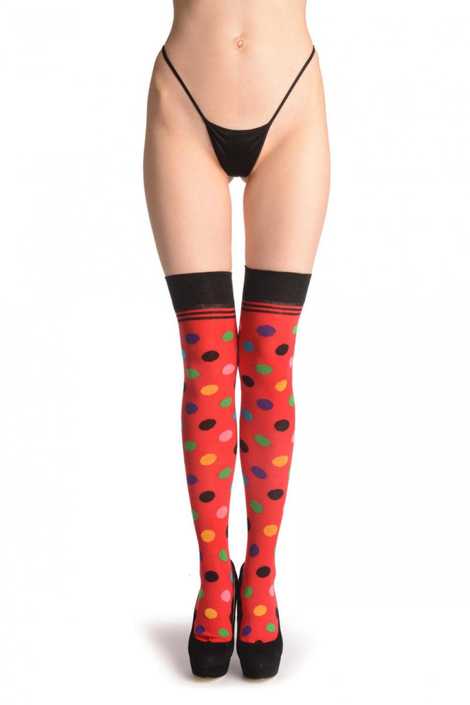 liss kiss Colourful Polka Dot On Red - Over The Knee Socks