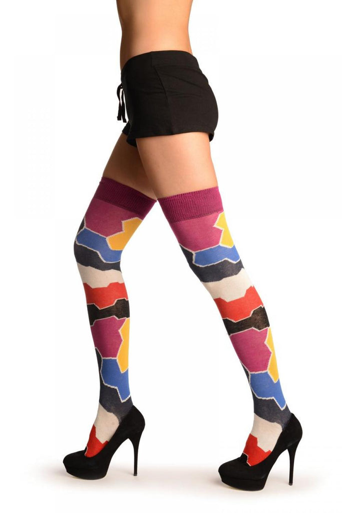 Liss Kiss Colourful Puzzle Stripes Over The Knee Socks - Over The Knee Socks