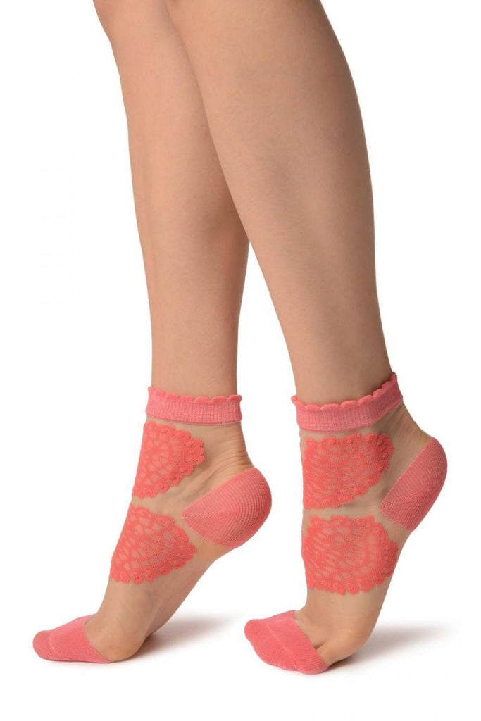 Liss Kiss Coral Pink Hearts On Invisible Mesh Ankle High Socks - Socks