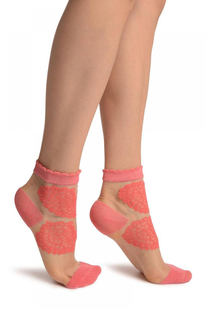 Liss Kiss Coral Pink Hearts On Invisible Mesh Ankle High Socks - Socks
