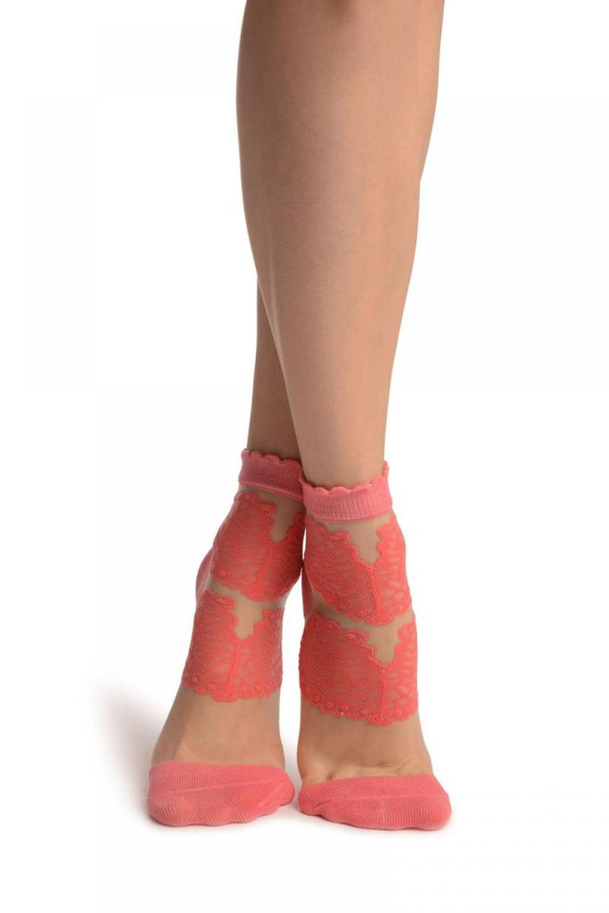 liss kiss Coral Pink Hearts On Invisible Mesh Ankle High Socks - Socks