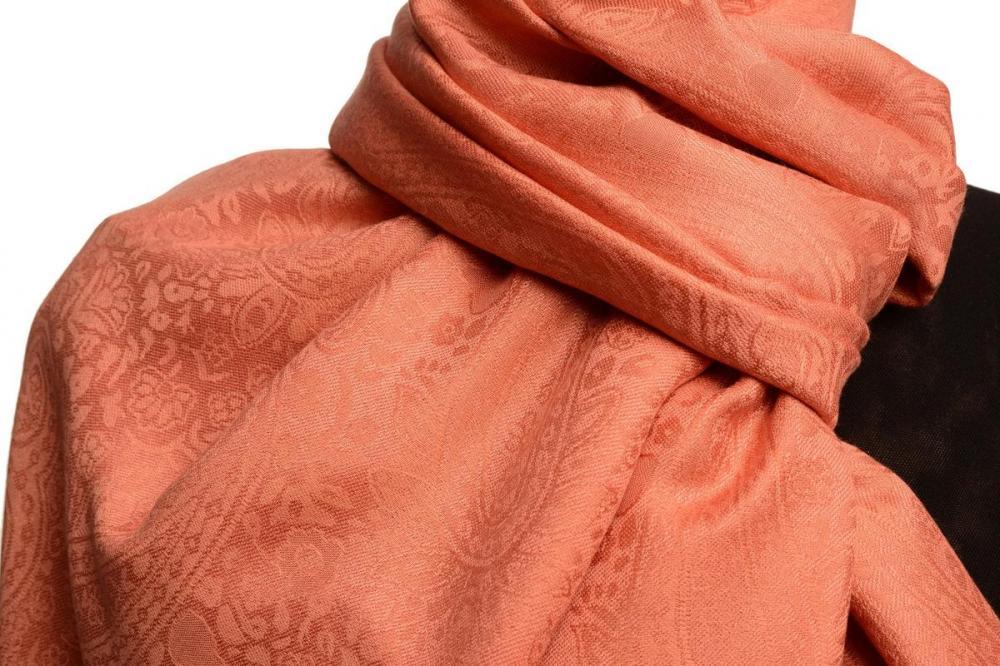 Liss Kiss Coral Pink Paisleys Pashmina Feel With Tassels - Scarf