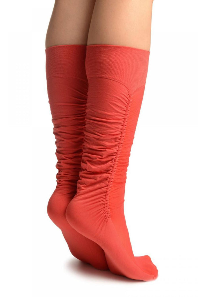 Liss Kiss Coral Red Sheer & Opaque Sides Socks Knee High - Socks