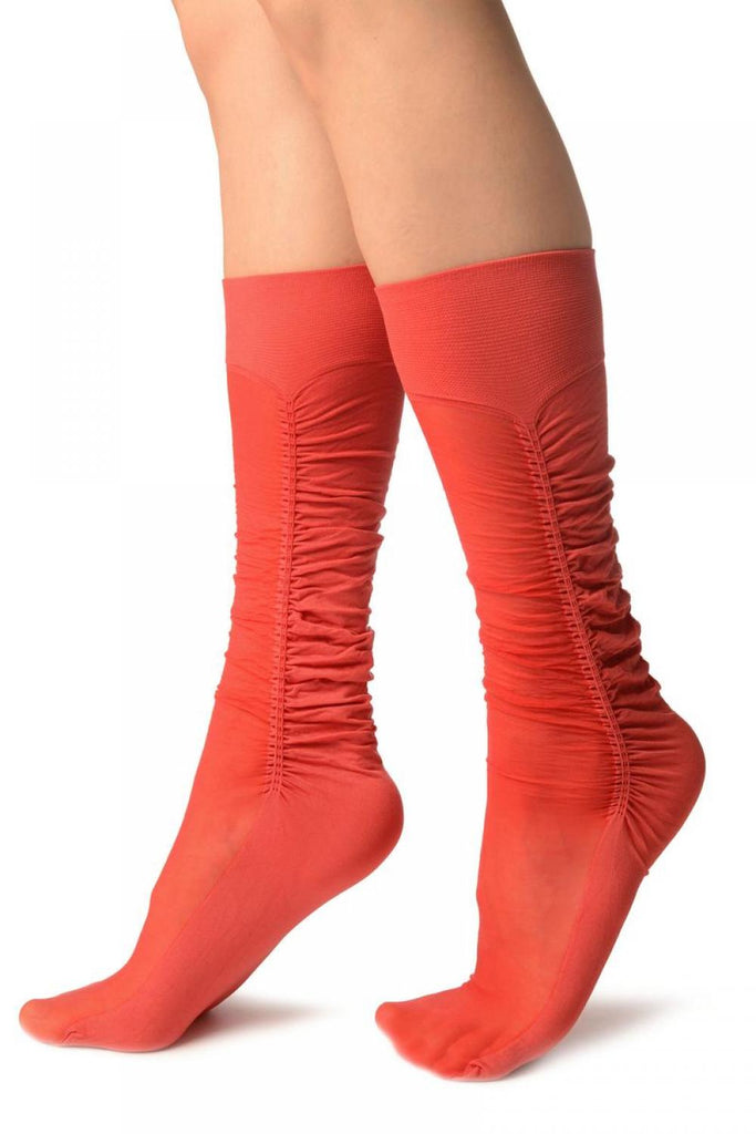 Liss Kiss Coral Red Sheer & Opaque Sides Socks Knee High - Socks