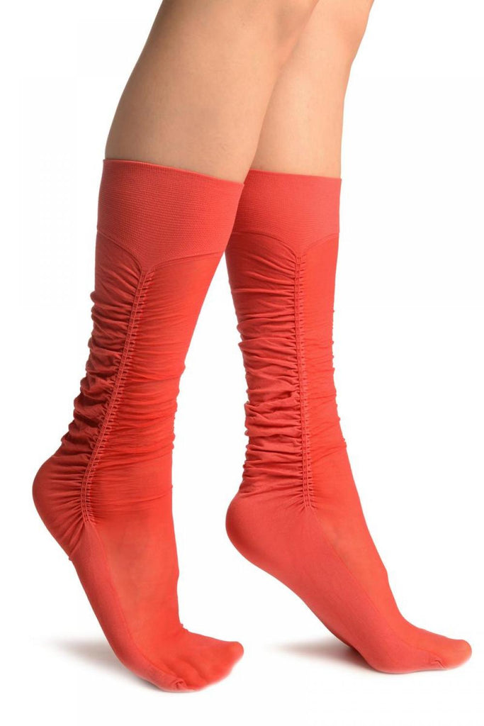 liss kiss Coral Red Sheer & Opaque Sides Socks Knee High - Socks