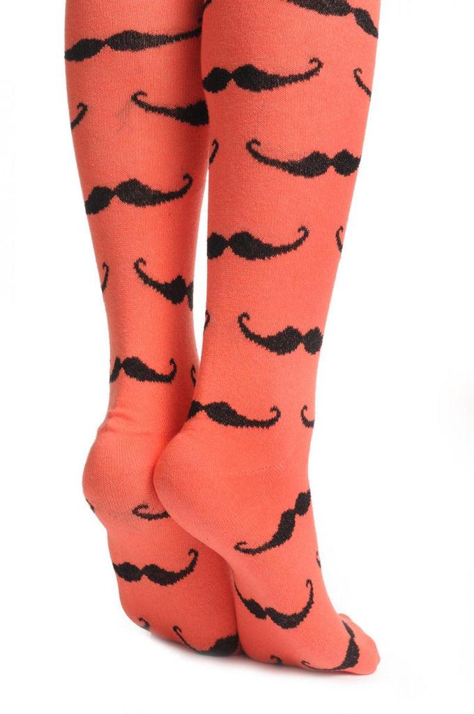 Liss Kiss Coral With Black Moustaches - Over The Knee Socks