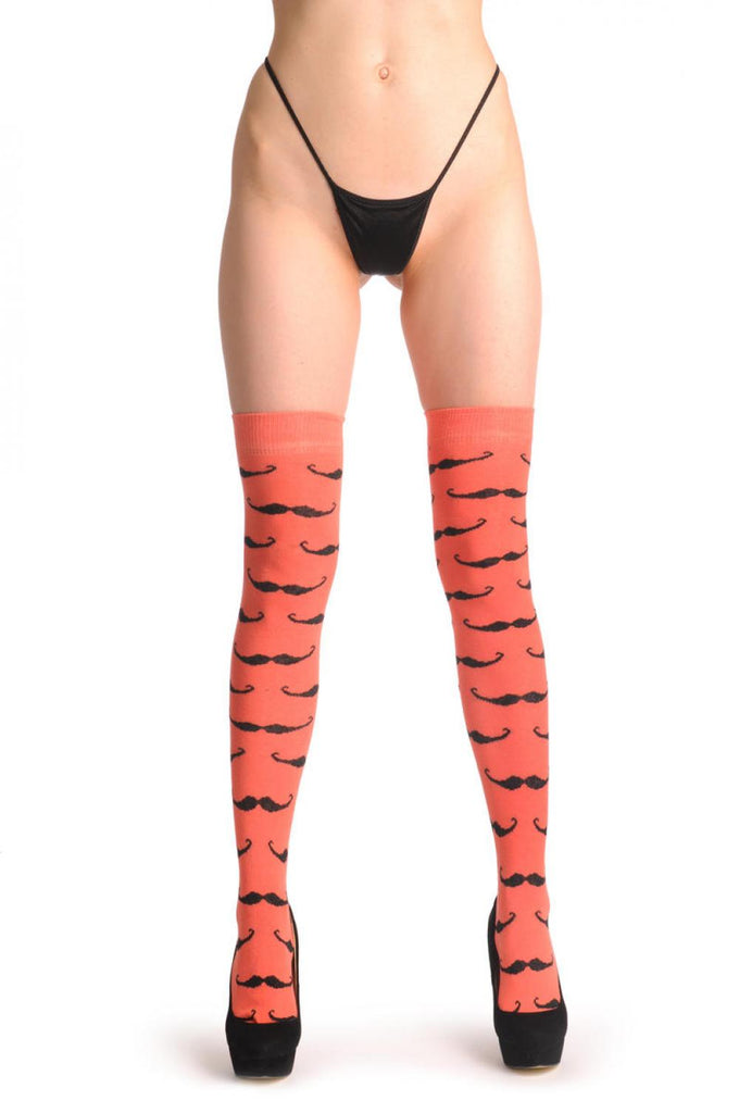 Liss Kiss Coral With Black Moustaches - Over The Knee Socks