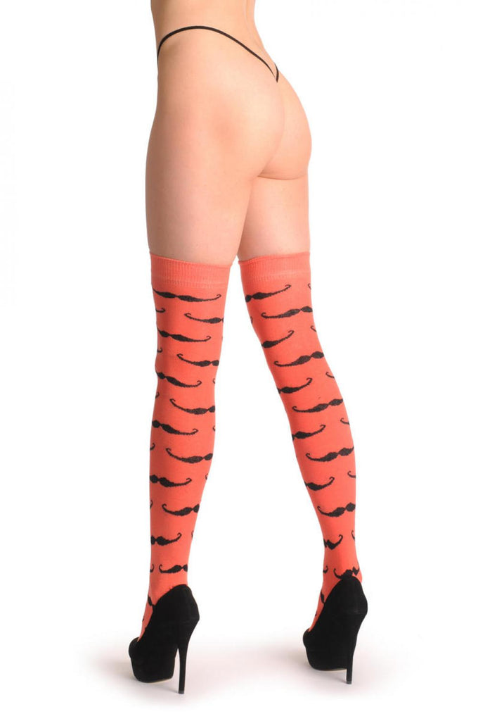 Liss Kiss Coral With Black Moustaches - Over The Knee Socks