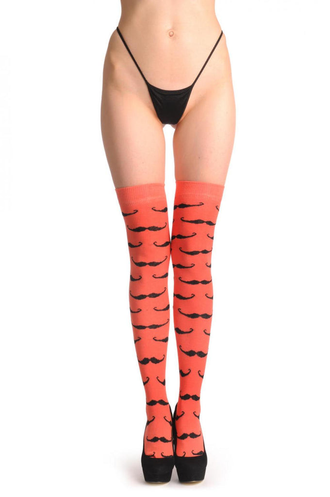 liss kiss Coral With Black Moustaches - Over The Knee Socks