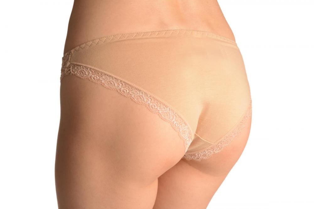 Liss Kiss Cotton & Lace Top Trim With Crystals Beige High Leg Brazilian - Knickers