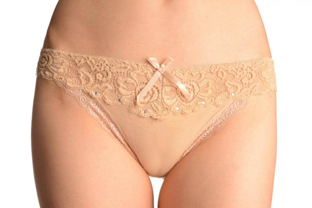 liss kiss Cotton & Lace Top Trim With Crystals Beige High Leg Brazilian - Knickers