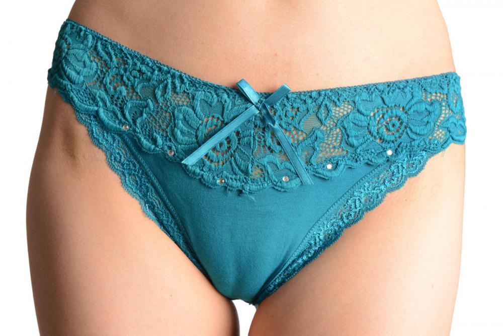 liss kiss Cotton & Lace Top Trim With Crystals Blue High Leg Brazilian - Knickers