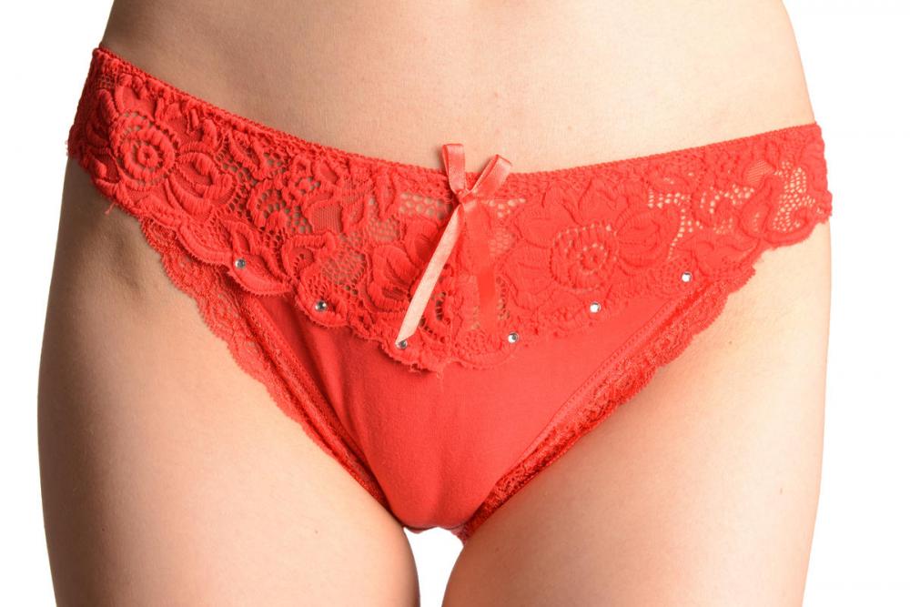 liss kiss Cotton & Lace Top Trim With Crystals Orange Pink High Leg Brazilian - Knickers