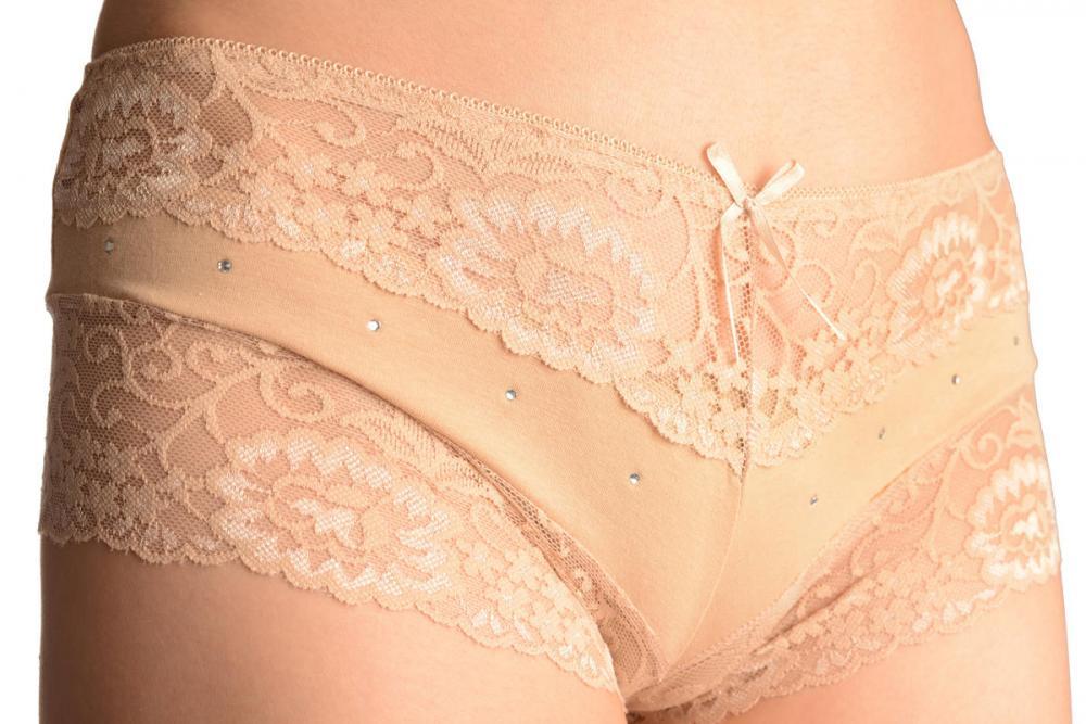 Liss Kiss Cotton With Lace Trim & Crystals Beige Brazilian - Knickers