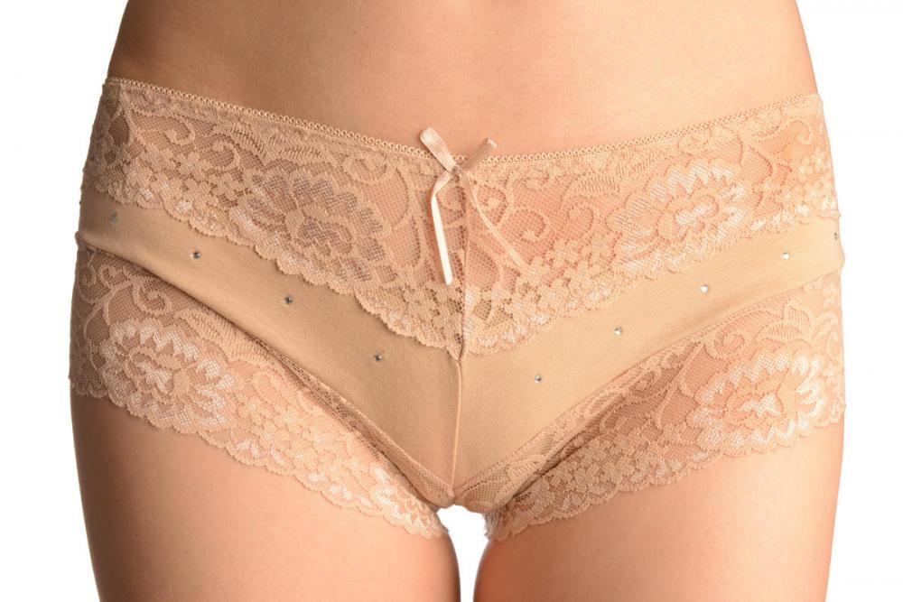 liss kiss Cotton With Lace Trim & Crystals Beige Brazilian - Knickers