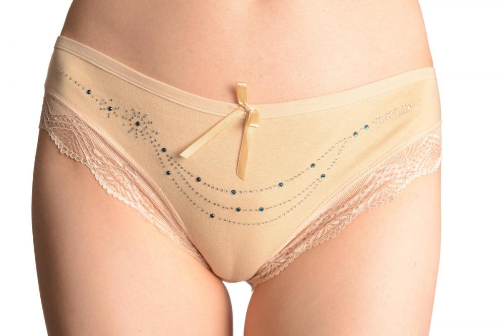 liss kiss Cotton With Lace Trim White & Blue Crystals Beige Brazilian - Knickers