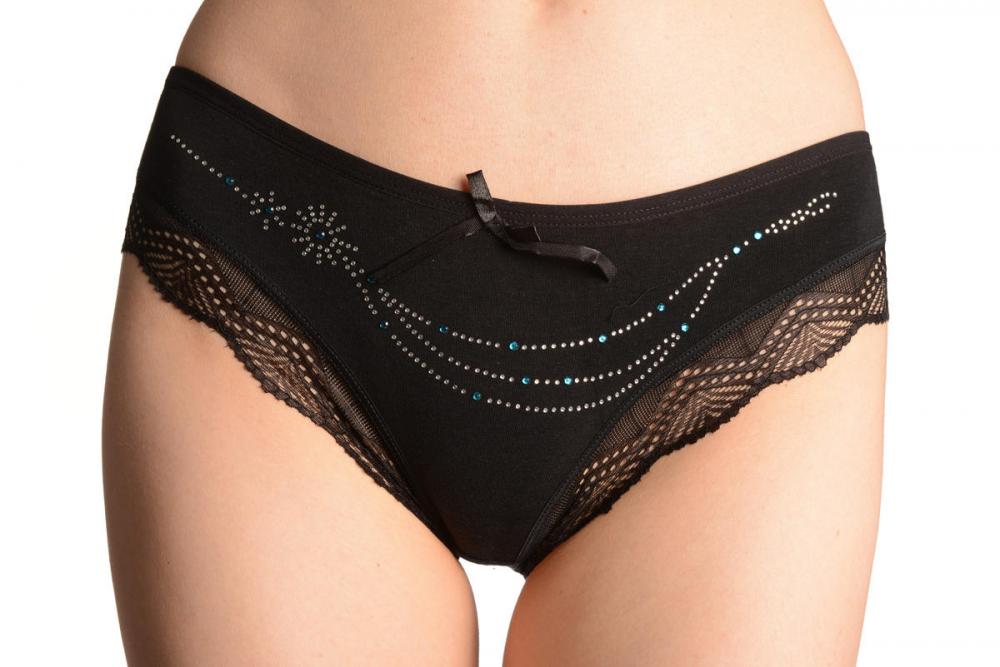 liss kiss Cotton With Lace Trim White & Blue Crystals Black Brazilian - Knickers