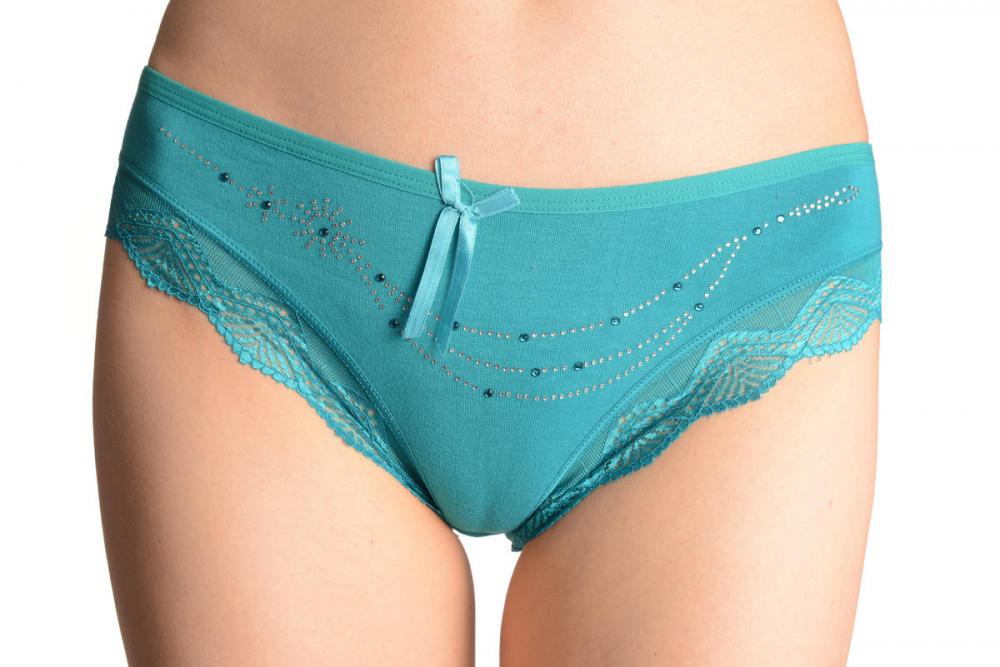 liss kiss Cotton With Lace Trim White & Blue Crystals Blue Brazilian - Knickers