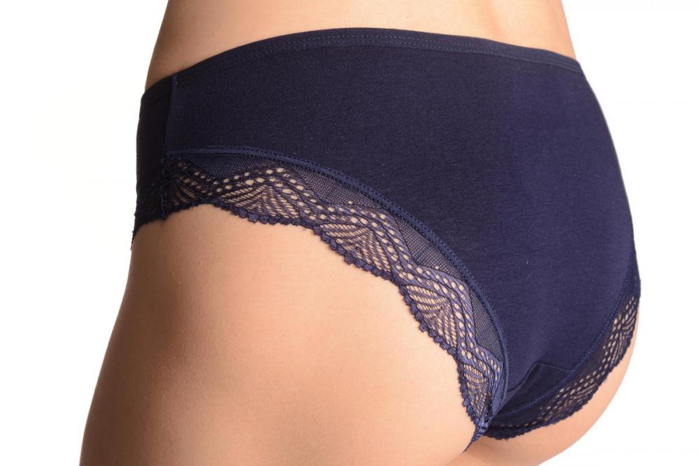 Liss Kiss Cotton With Lace Trim White & Blue Crystals Dark Blue Brazilian - Knickers