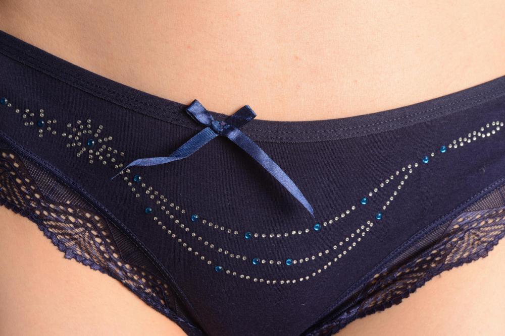 Liss Kiss Cotton With Lace Trim White & Blue Crystals Dark Blue Brazilian - Knickers