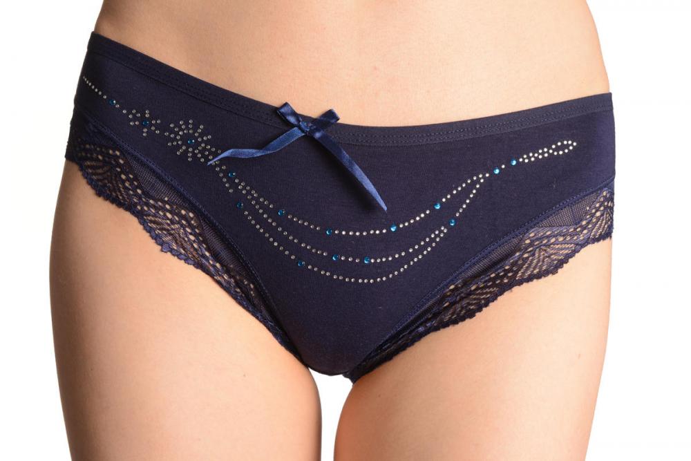 Liss Kiss Cotton With Lace Trim White & Blue Crystals Dark Blue Brazilian - Knickers