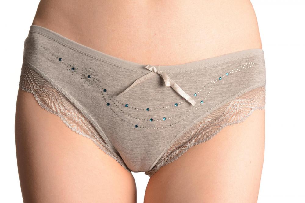 Liss Kiss Cotton With Lace Trim White & Blue Crystals Grey Brazilian - Knickers