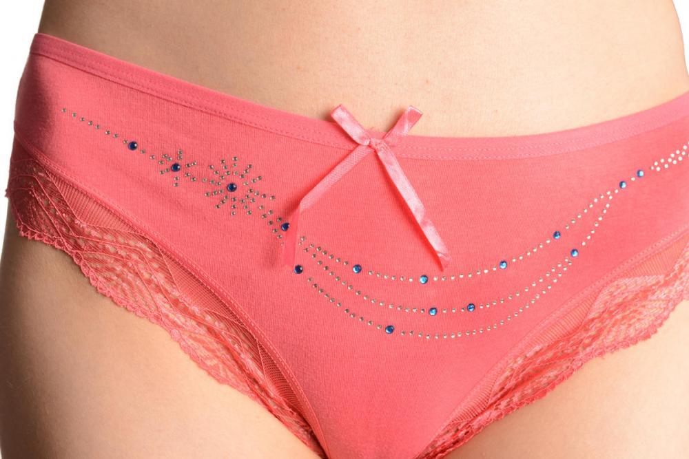 Liss Kiss Cotton With Lace Trim White & Blue Crystals Peach Pink Brazilian - Knickers