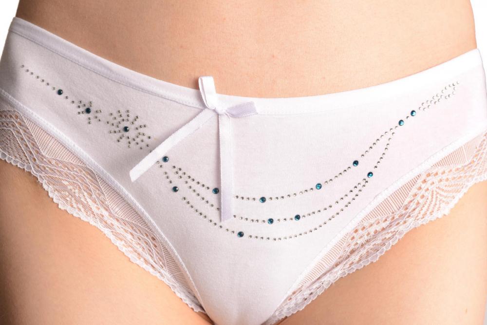 Liss Kiss Cotton With Lace Trim White & Blue Crystals White Brazilian - Knickers