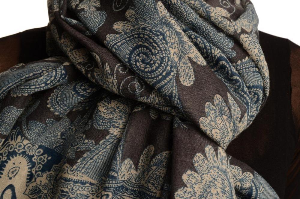 Liss Kiss Cream & Blue Paisley On Dark Grey Scarf With Tassels - Scarf