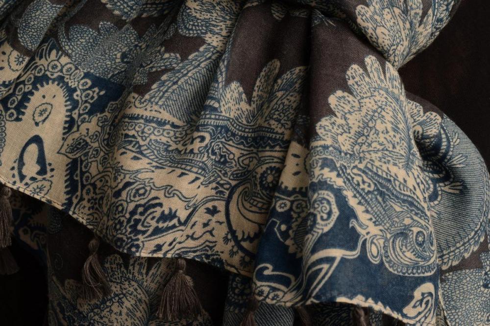 Liss Kiss Cream & Blue Paisley On Dark Grey Scarf With Tassels - Scarf