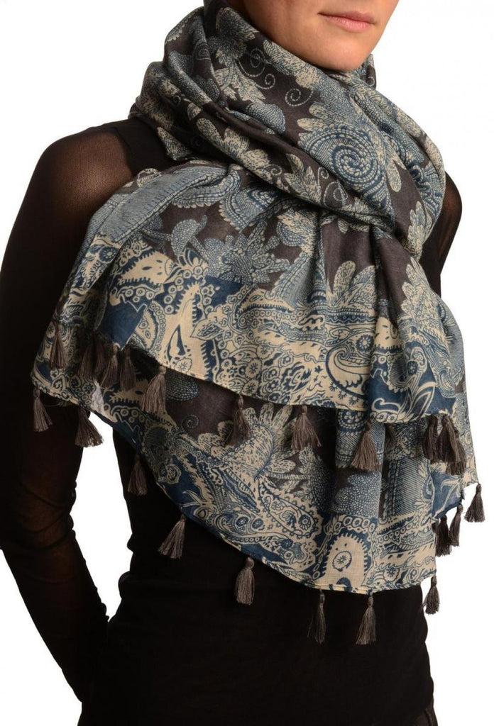 Liss Kiss Cream & Blue Paisley On Dark Grey Scarf With Tassels - Scarf