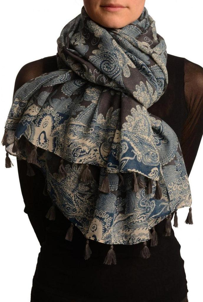 liss kiss Cream & Blue Paisley On Dark Grey Scarf With Tassels - Scarf
