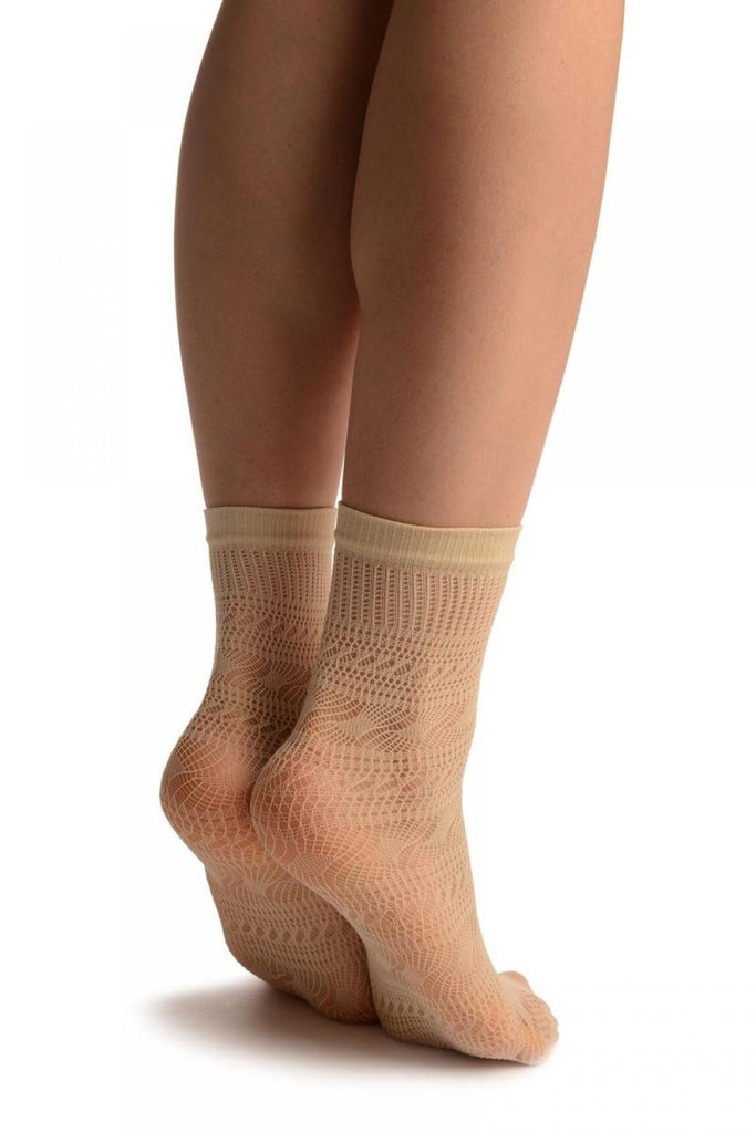 Liss Kiss Cream Crochet Layered Lace Top Ankle High Socks - Socks