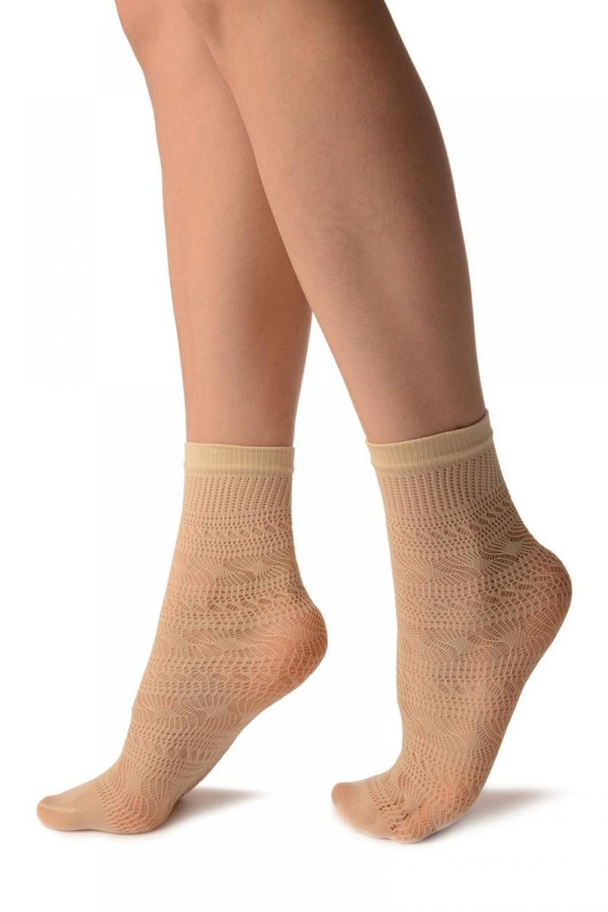 Liss Kiss Cream Crochet Layered Lace Top Ankle High Socks - Socks
