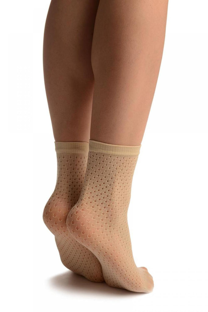 Liss Kiss Cream Crochet Polka Dots Lace Top Ankle High Socks - Socks